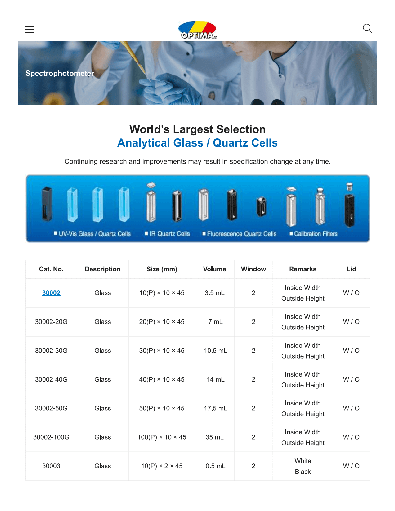 OPTIMA, 30009 Filter Holmium Filter and 30005 Quartz 10(P) × 10 × 45 3.5 mL  Standard UV