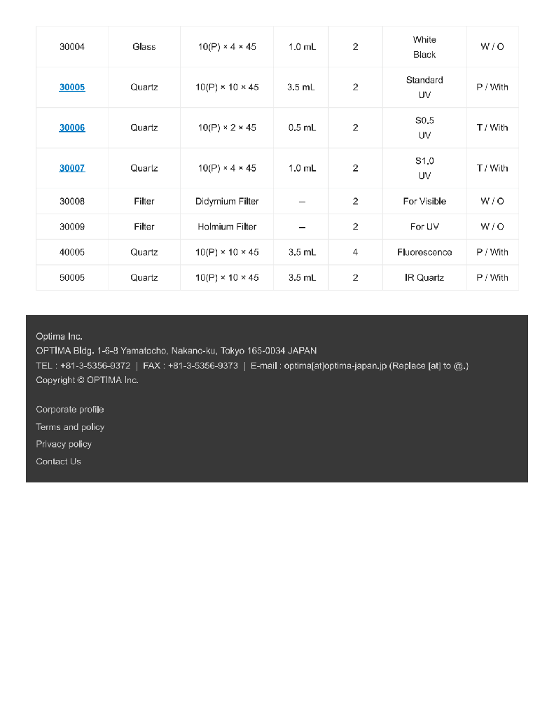 OPTIMA, 30009 Filter Holmium Filter and 30005 Quartz 10(P) × 10 × 45 3.5 mL  Standard UV