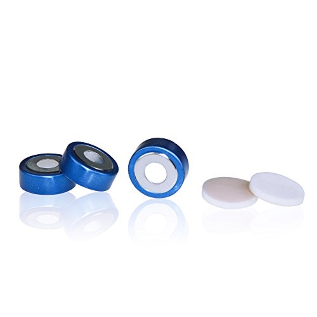  Blue cap/ White silicone septa and silver crimp-top cap with hole, 18mm  crimp-top Vial, 100pcs, Part Number: P4819-02843