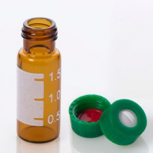 G20163-C12311, Vial Kit: 2mL Amber Glass Vial with Graduated Marking Spot, 9-425 Green Polypropylene Screw Cap with 0.040&quot;, Bonded Pre-Slit PTFE/Silicone Septa, 100/pk,