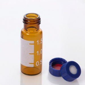 G20163-C12314, Vial Kit: 2mL Amber Glass Vial with Graduated Marking Spot, 9-425 Blue Polypropylene Screw Cap with 0.040&quot;, Bonded PTFE/Silicone Septa, 100/pk,