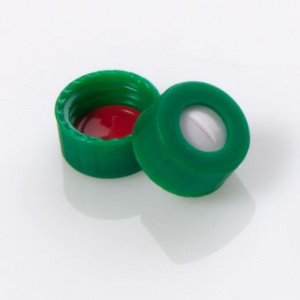 G20163-C11093,  9-425 Open Top Green Polypropylene with 0.040&quot;, Bonded Pre-Slit PTFE/Silicone Septa Screw Cap, 100/pk,